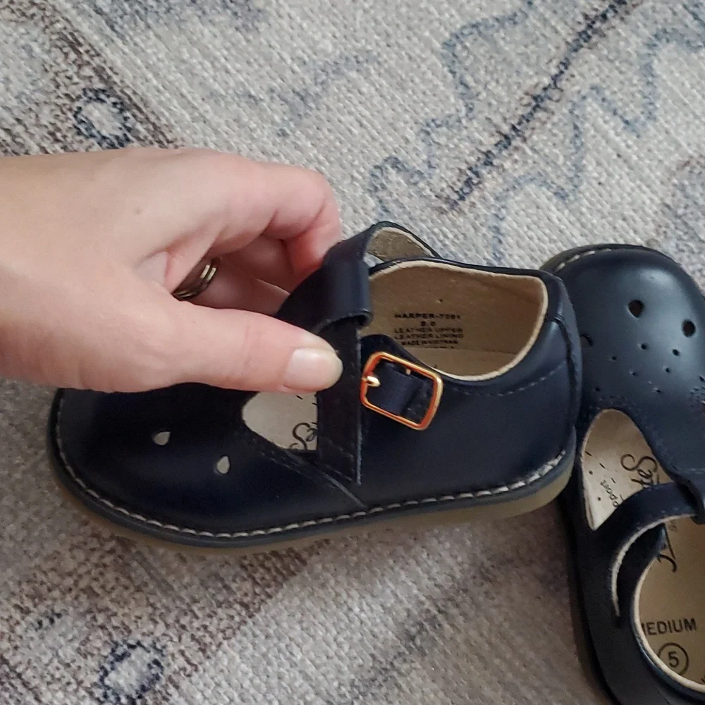 Footmates Harper Navy Leather Girls Mary Jane Buckle Shoes Sz5